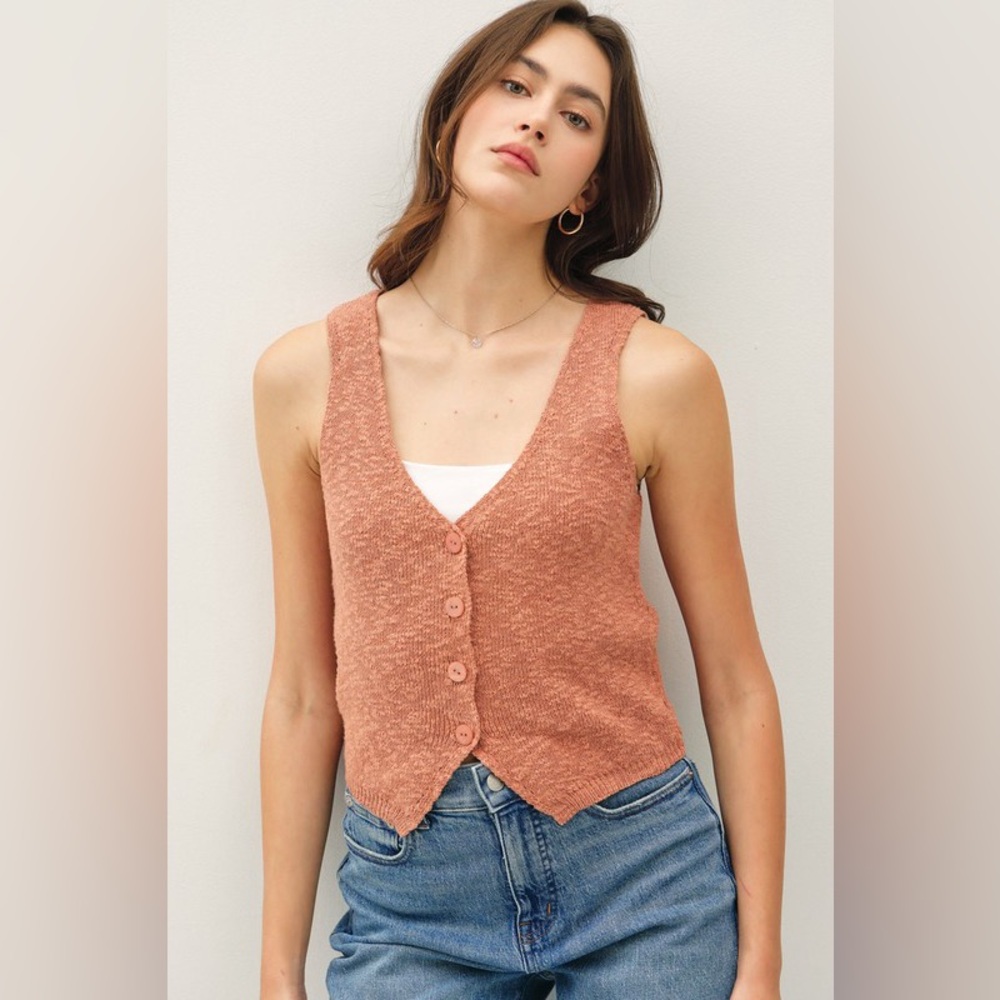 412B-TERRACOTA. Button Front Cotton Slub Vest